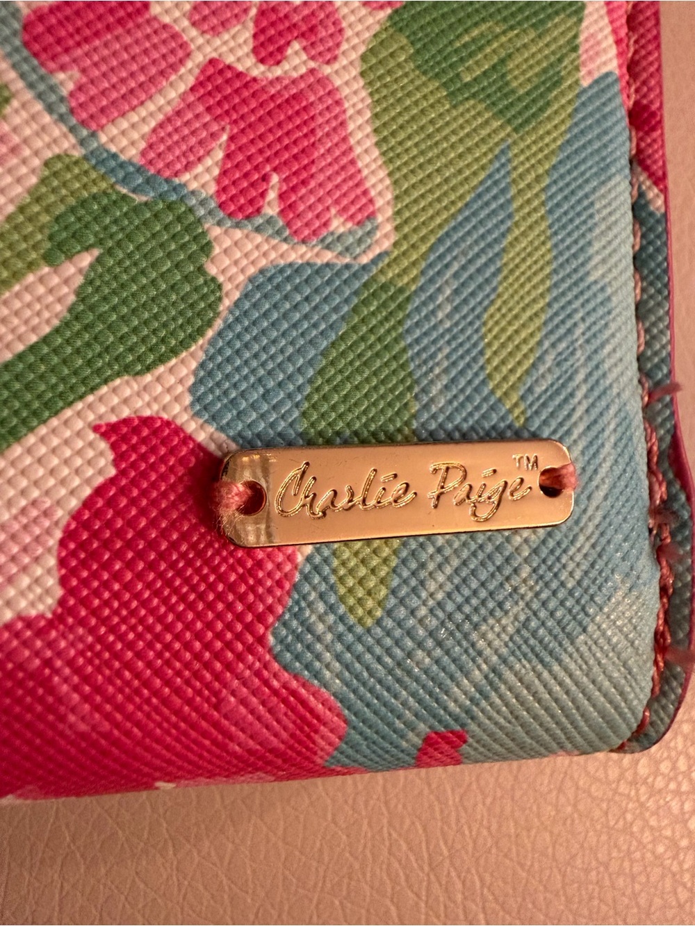 Charlie Paige Floral Compact Wallet in Pink, Blue & Green with Gold Nameplate